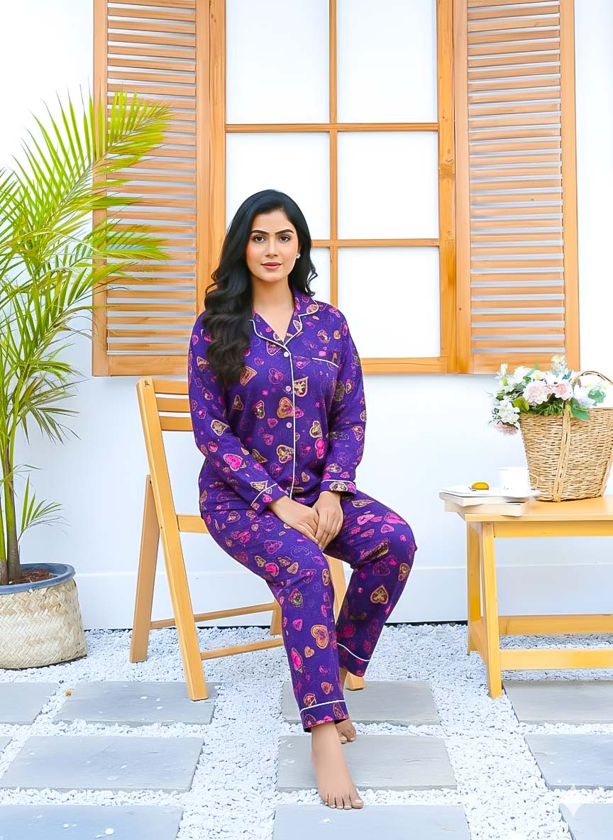 Imported Linen Printed Purple Pink Heart PJ Set-LP25