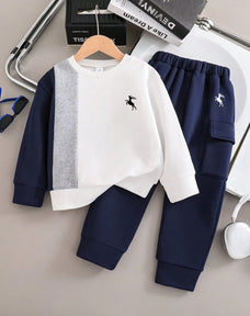 Navy Colorblock Crewneck Printed Kids Winter Suit