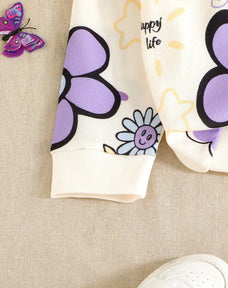 Purple Flowers & Heart Printed Kids Winter Suit