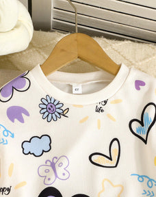 Purple Flowers & Heart Printed Kids Winter Suit