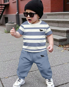 Grey Panel Horse Printed Half Sleeve Kids Suit