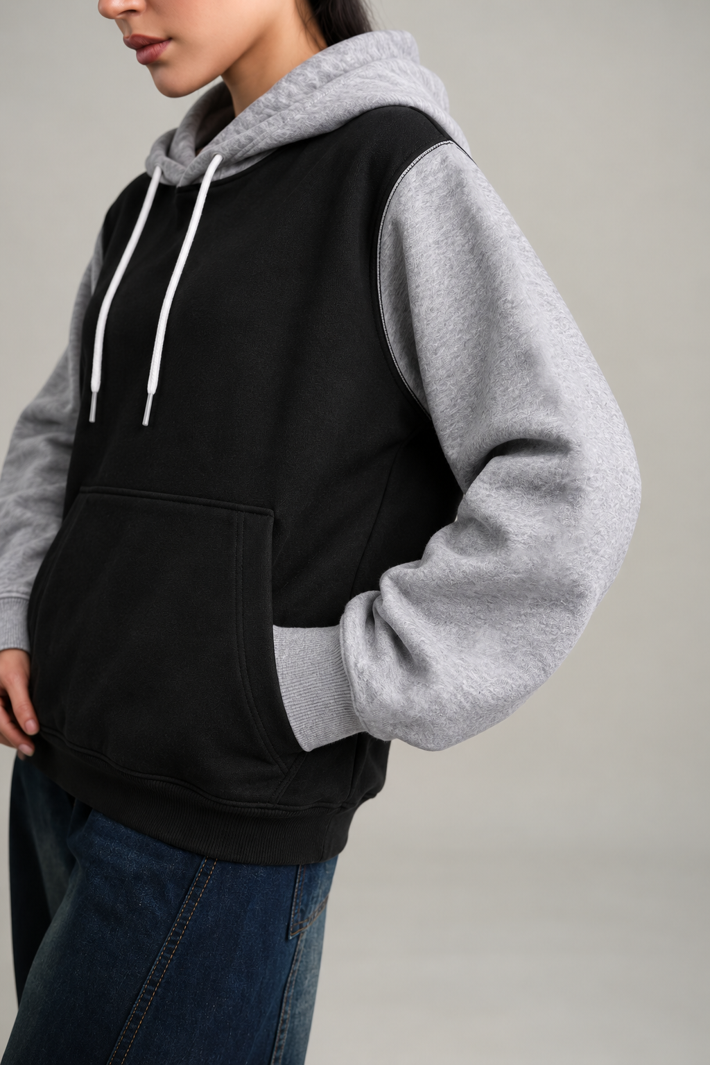 Winter Black With Grey Basic Hoodie For Women