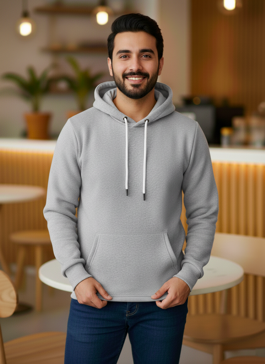 Winter Grey Basic Hoodie For Men