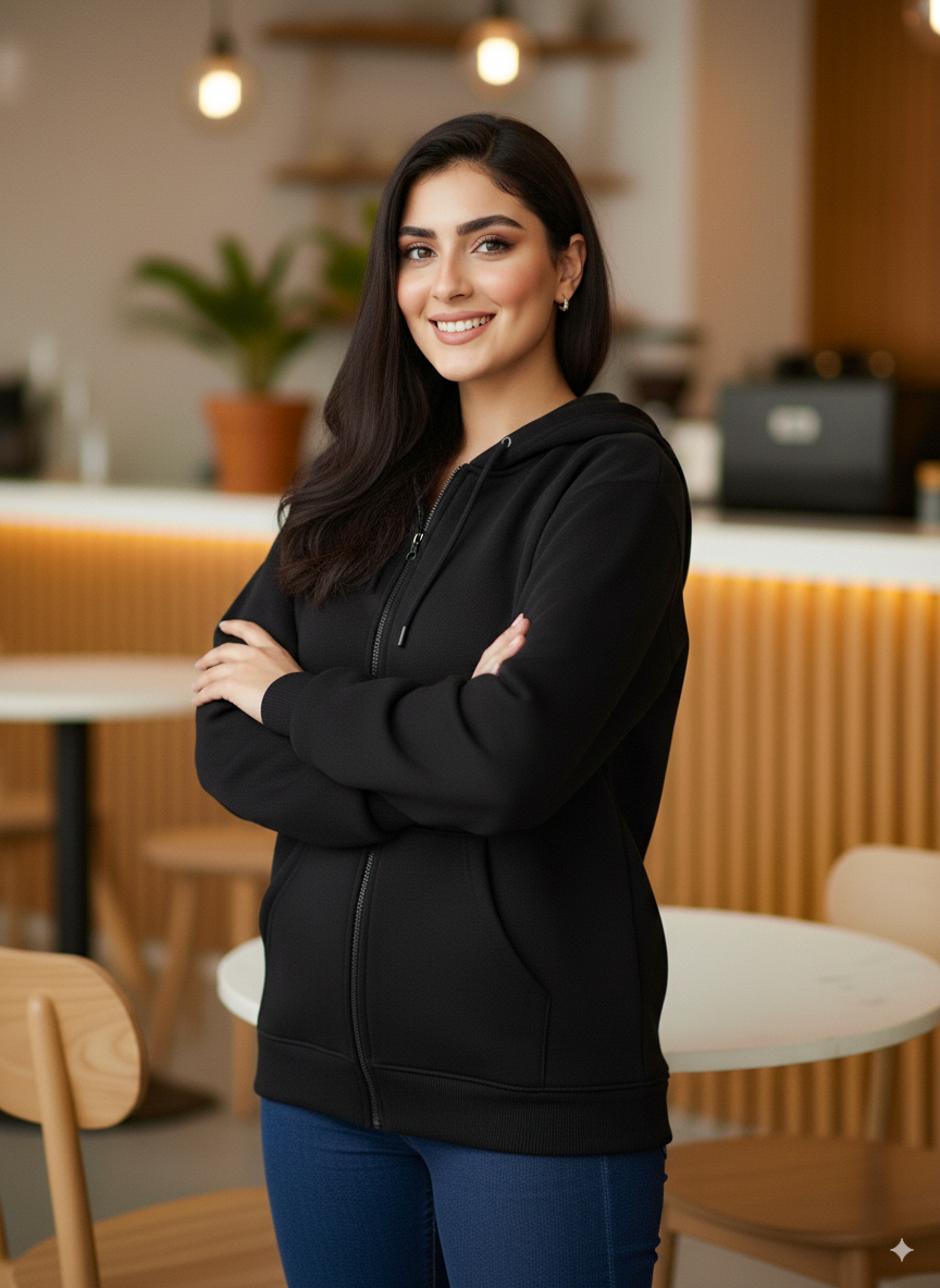 Winter Black Basic Hoodie For Women