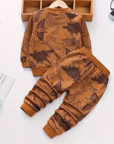 Brown Dinosaur Printed Kids Winter Suit