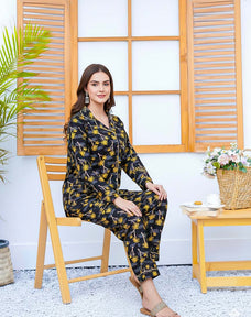 Imported Linen Printed Yellow Tree Shade PJ Set-LP30