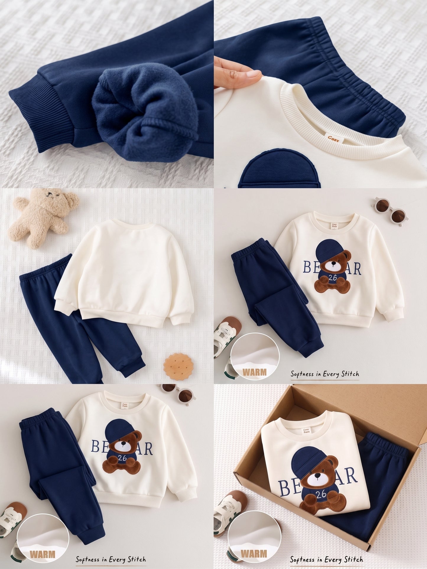 Dark Blue Bear Design Printed Kids Winter Suit