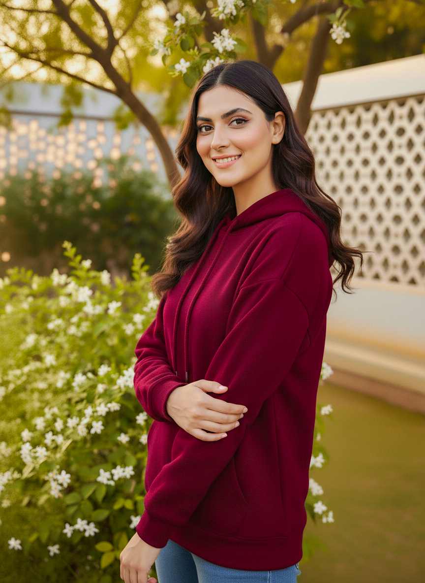 Winter Maroon Basic Hoodie For Women