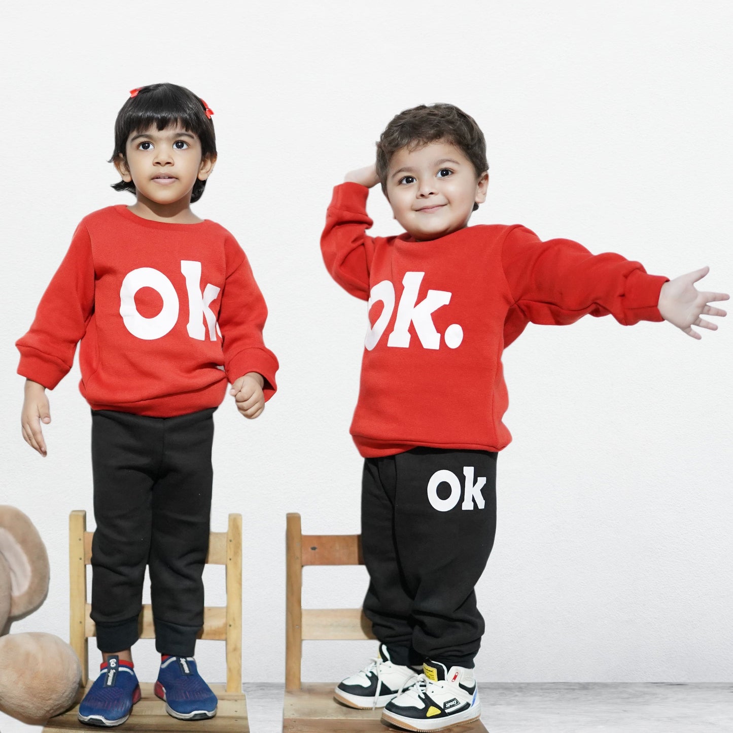 Red OK Printed Kids Winter Suit