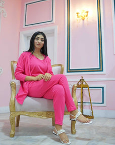 3 Piece Hot Pink Plain Nightwear