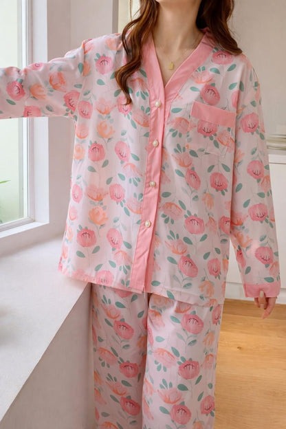 Pink Rose V-Neck Button Printed Night Suit