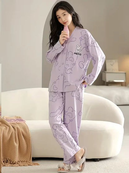 Purple Bunny V-Neck Button Printed Night Suit