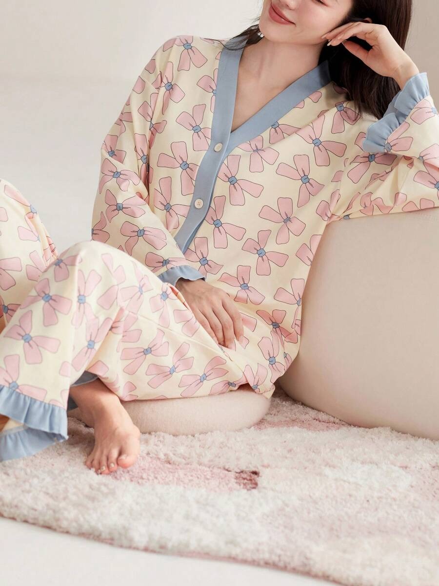 Pink Ribbon V-Neck Button Printed Night Suit