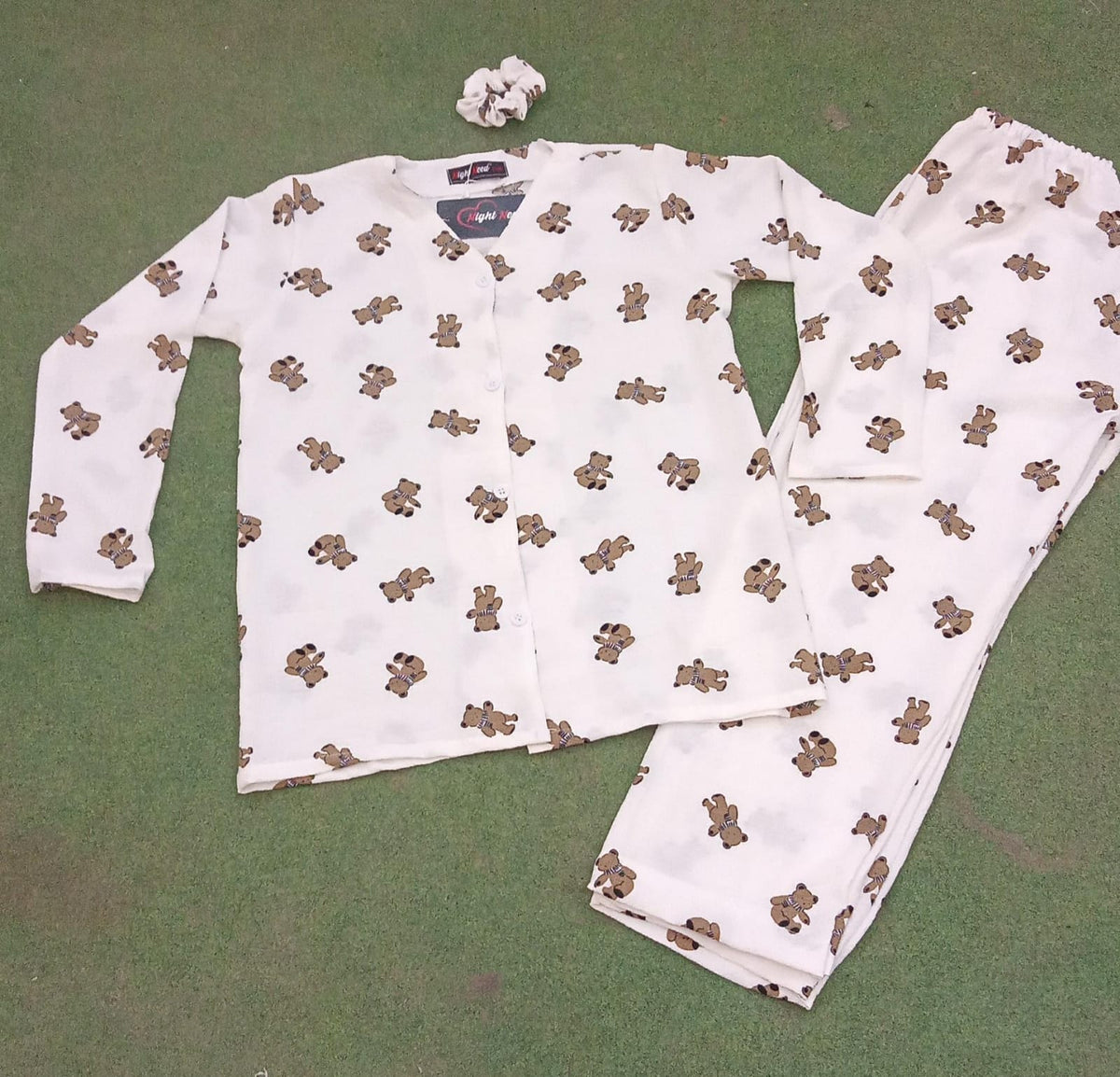 Brown Teddy Bear Printed Crinkled Cotton Night Suit