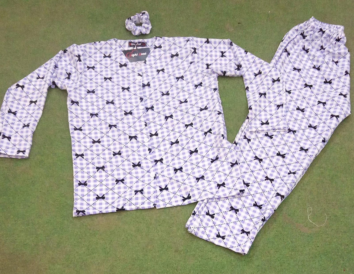 Grey Liner Bow Printed Crinkled Cotton Night Suit