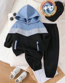 Blue Contrast Hoodie Printed Kids Winter Suit