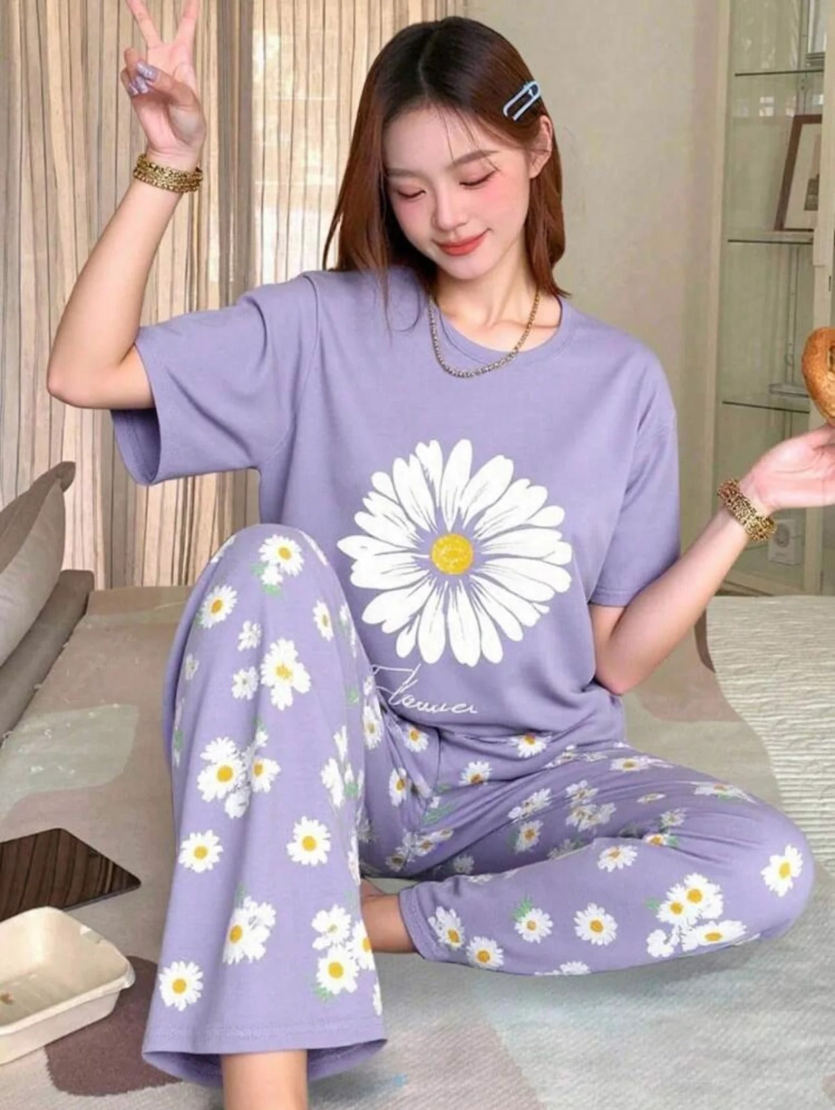 White Flower Printed Night Suit