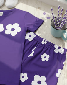 Purple Flower Half Sleeve Kids Suit