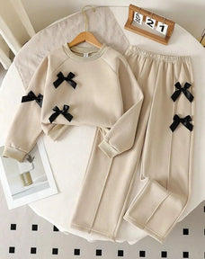 Beige with Black Bow Printed Kids Winter Suit (7-14 Years)