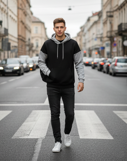 Winter Black With Grey Basic Hoodie For Men