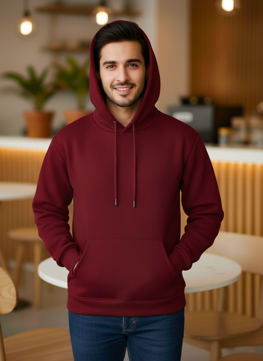 Winter Maroon Basic Hoodie For Men