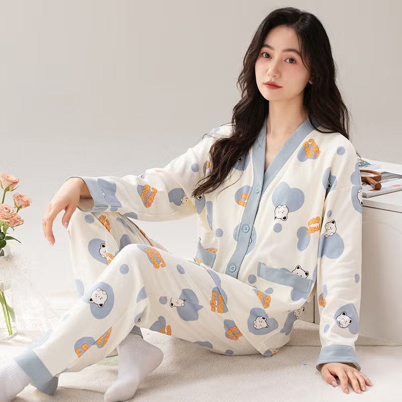 Grey Cute Cartoon V-Neck Button Printed Night Suit