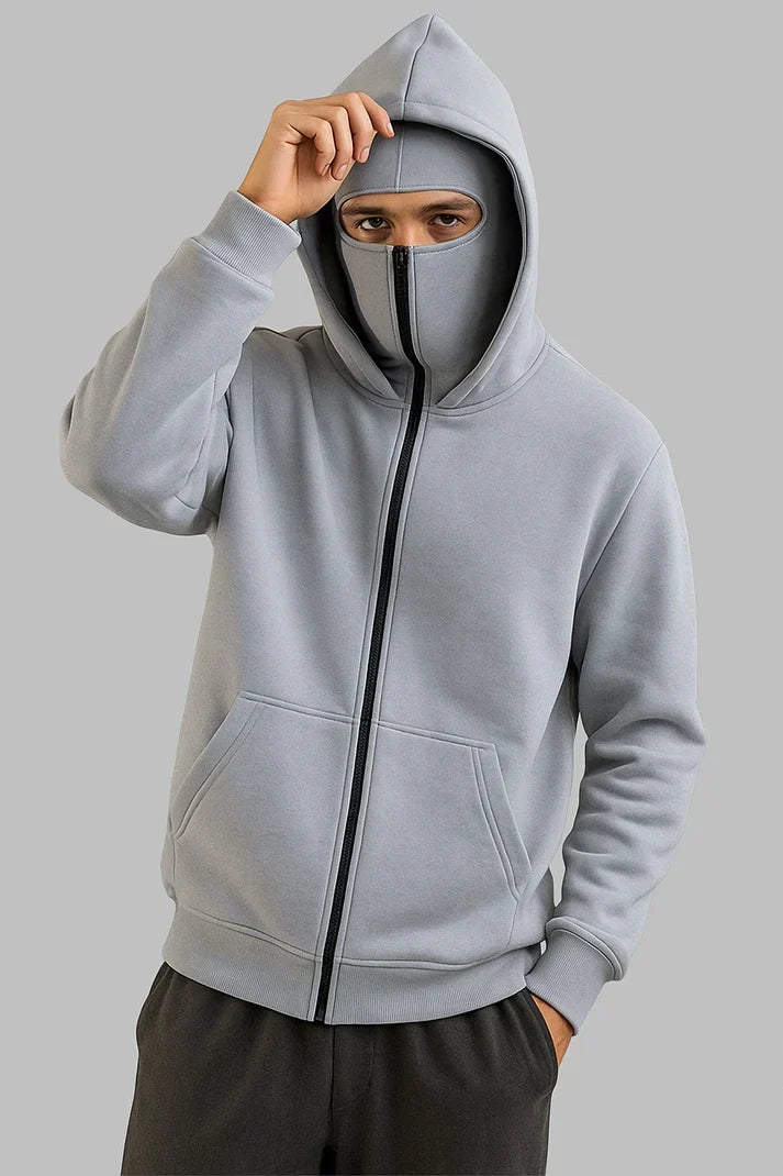 Grey Balaclava Ninja Zipper Hoodie Jacket For Men