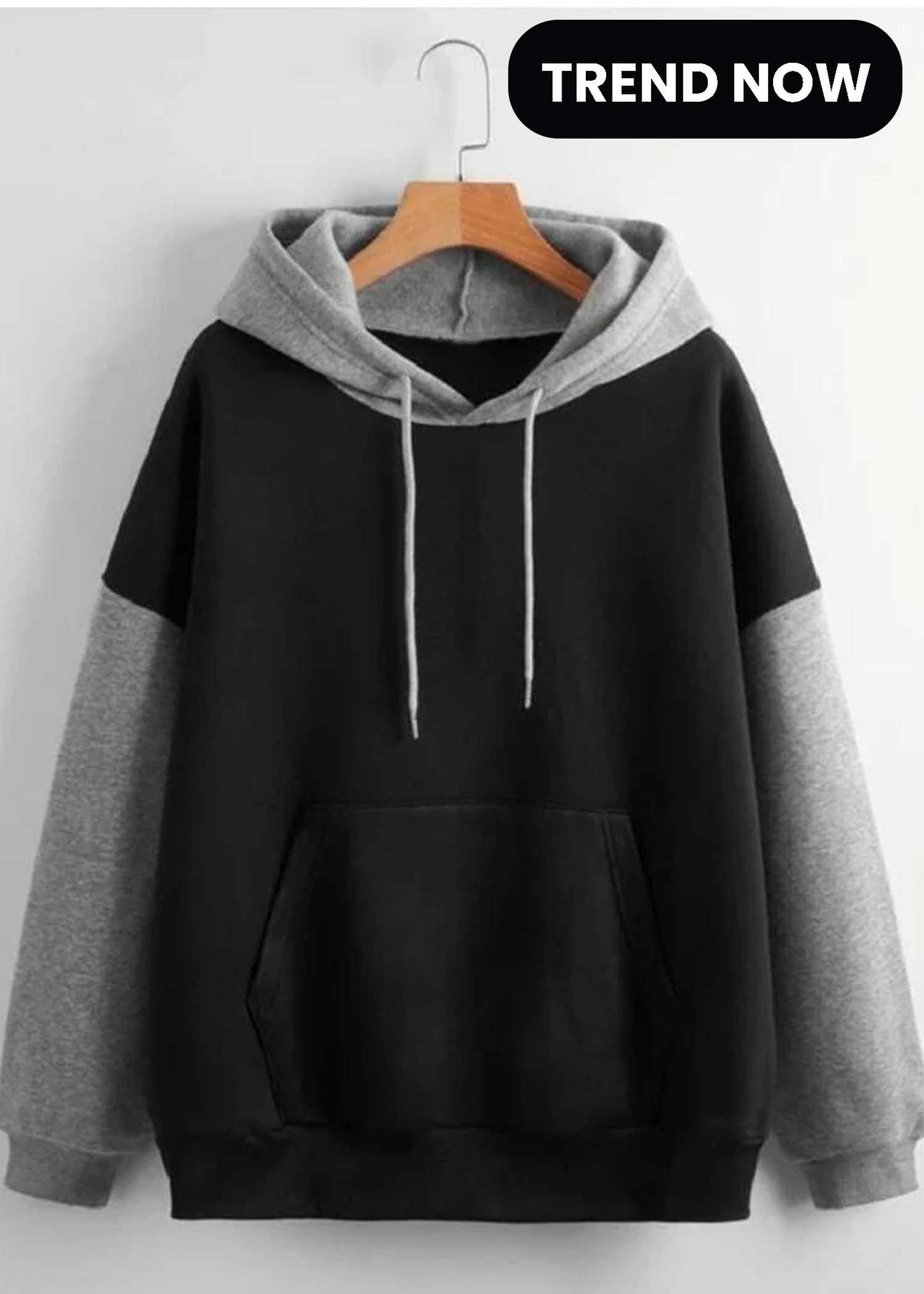 Winter Black With Grey Basic Hoodie For Women