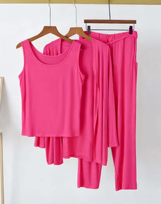 3 Piece Hot Pink Plain Nightwear