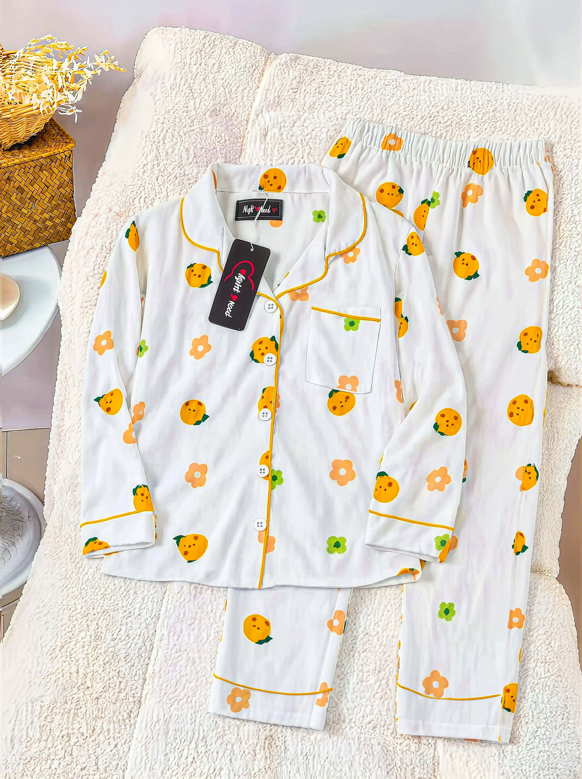 Kids Orange Fruit Printed Crinkled Cotton Night Suit