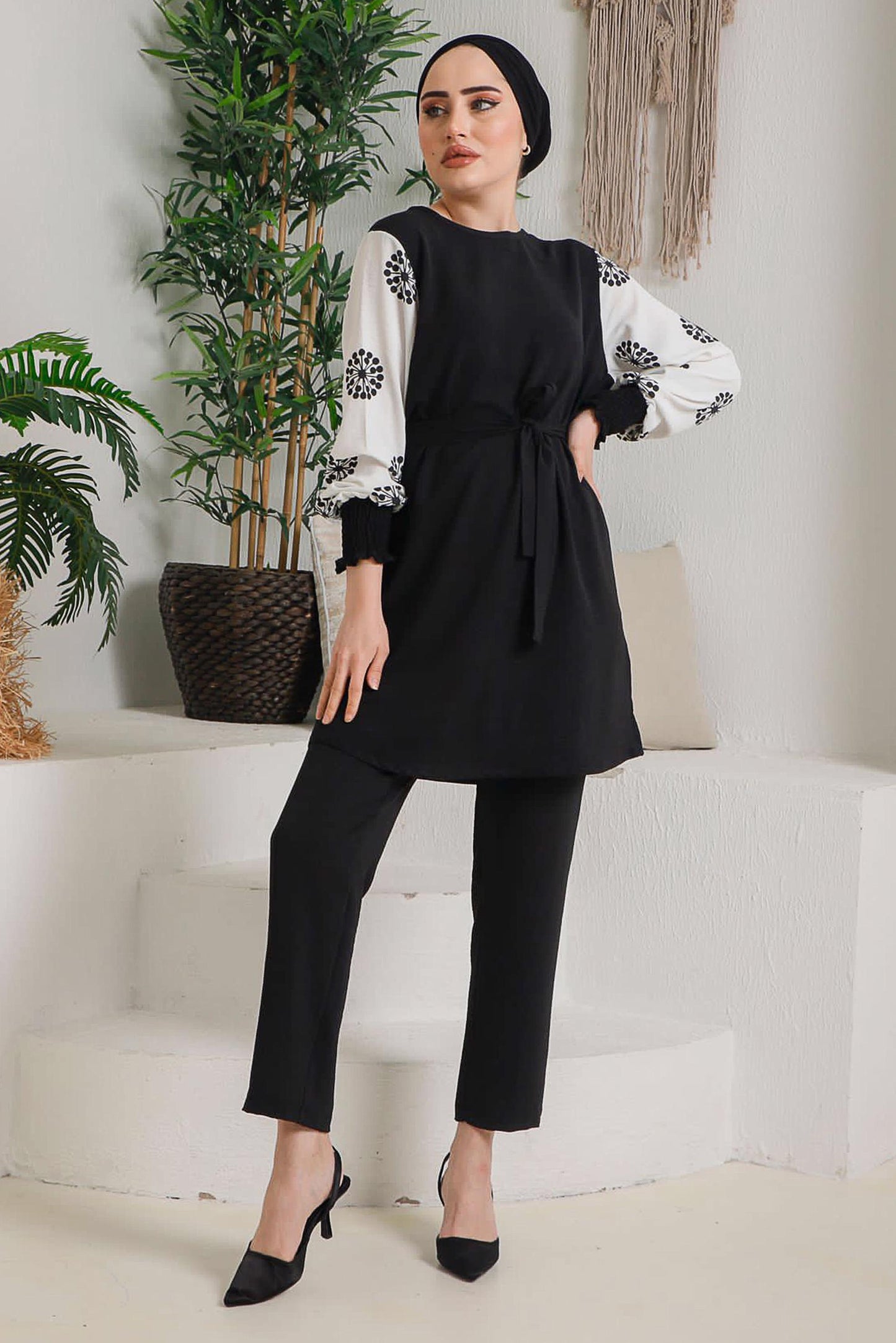 Winter Black Frock Style Printed Long Sleeves 2 PC Co-Ord Set