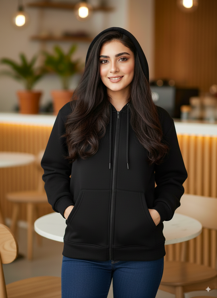 Winter Black Basic Hoodie For Women