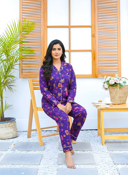 Imported Linen Printed Purple Pink Heart PJ Set-LP25