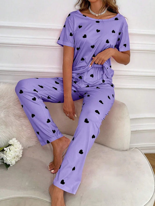 Purple Black multi Heart Printed Night Suit