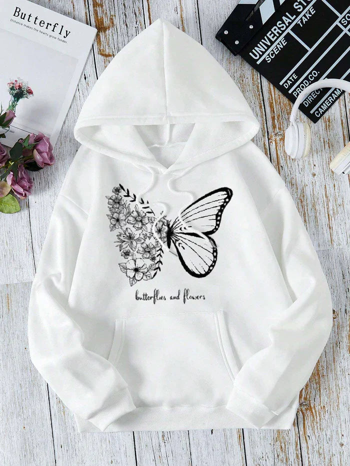 Winter Butterfly Printed Hoodie For Women