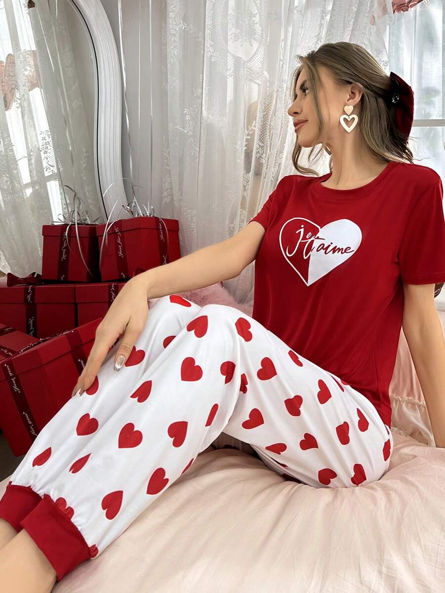 Red heart Printed Night Suit