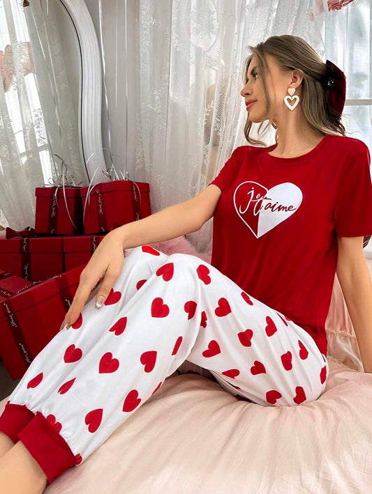 Red heart Printed Night Suit
