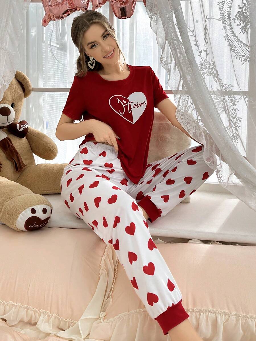 Red heart Printed Night Suit