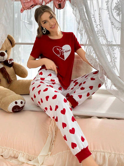 Red heart Printed Night Suit