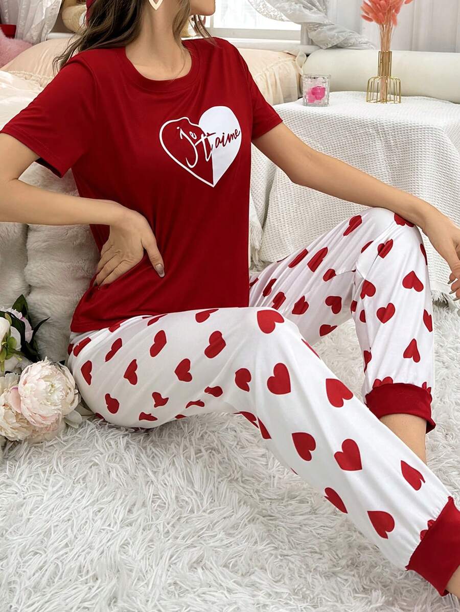 Red heart Printed Night Suit