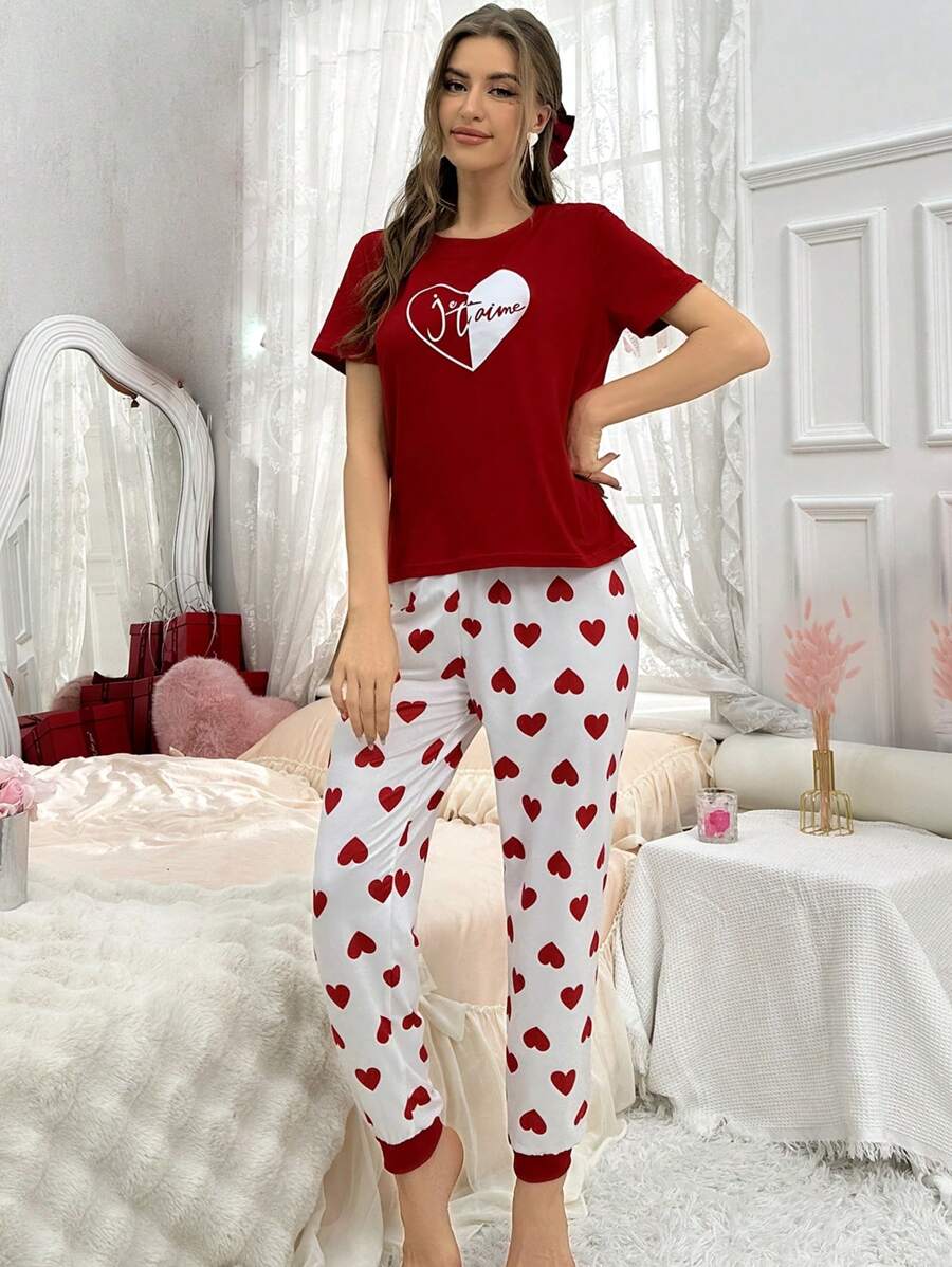 Red heart Printed Night Suit