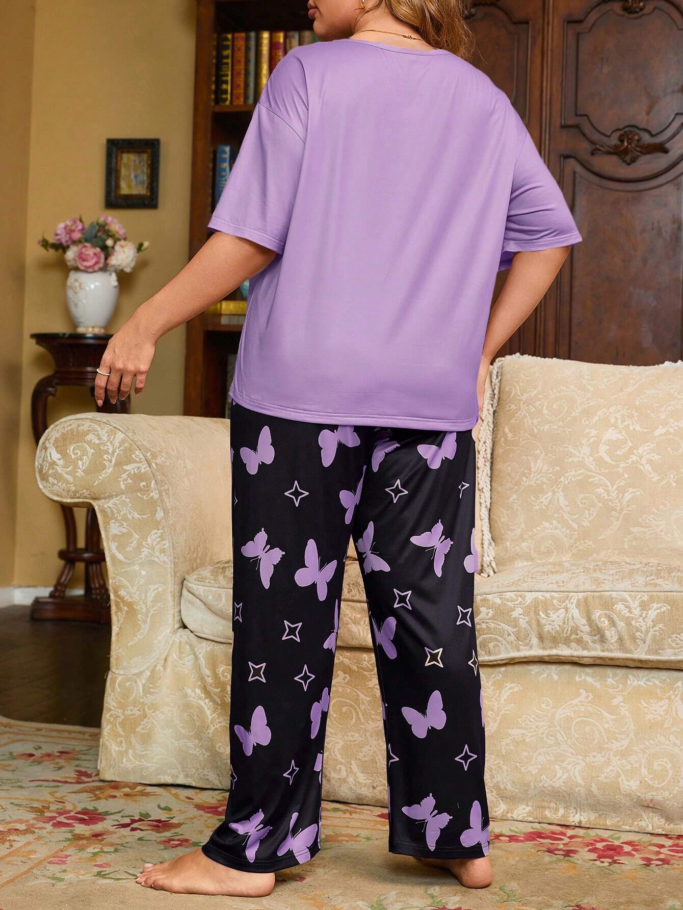 Purple Heart and Butterfly Printed Night Suit