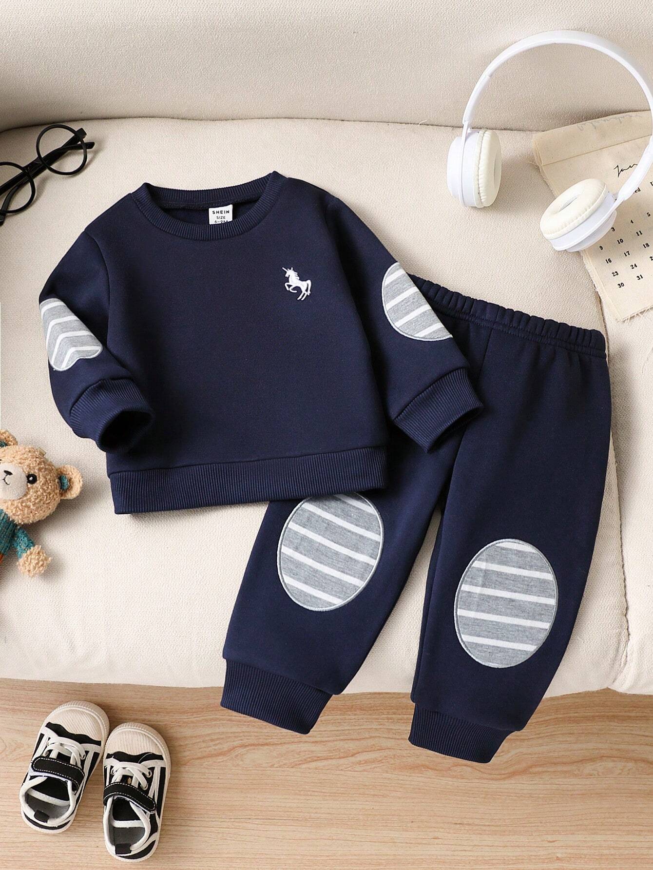 Navy Blue Horse Printed Kids Winter Suit