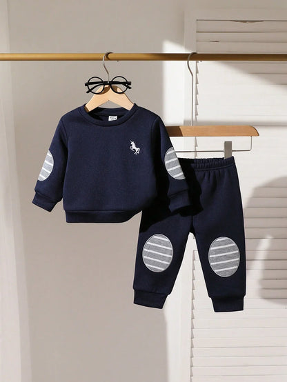 Navy Blue Horse Printed Kids Winter Suit