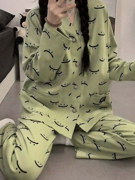 Green Emoji V-Neck Button Printed Night Suit