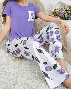Purple Rose Printed Night Suit