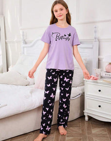 Purple Half Sleeve Butterfly Night Suit (7-14 Years)