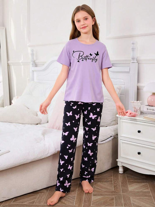 Purple Half Sleeve Butterfly Night Suit (7-14 Years)