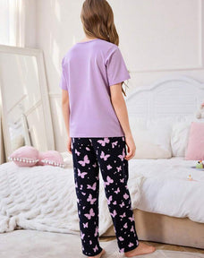 Purple Half Sleeve Butterfly Night Suit (7-14 Years)