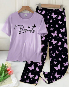 Purple Half Sleeve Butterfly Night Suit (7-14 Years)